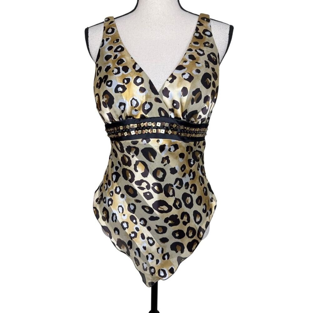 Vintage Cache Top Animal Print Silk Empire Waist Size 8 Y2K, Glam, Goth Glam